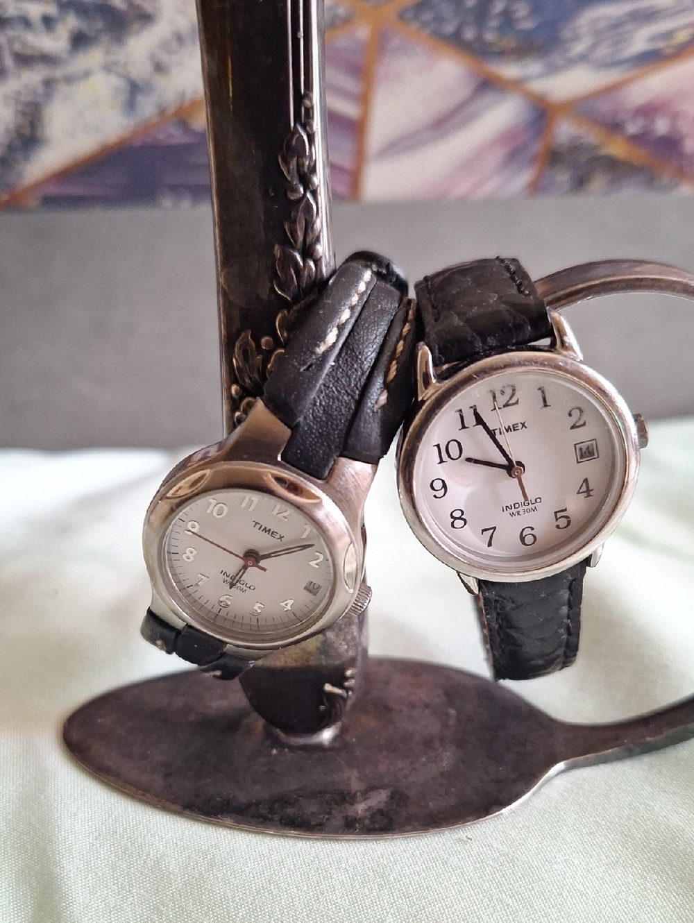 Timex Silver Round Watches with Black Straps - Pair